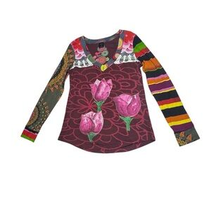 Colorful Desigual‎ long sleeve embroidered art to wear shirt sz S dopamine dress